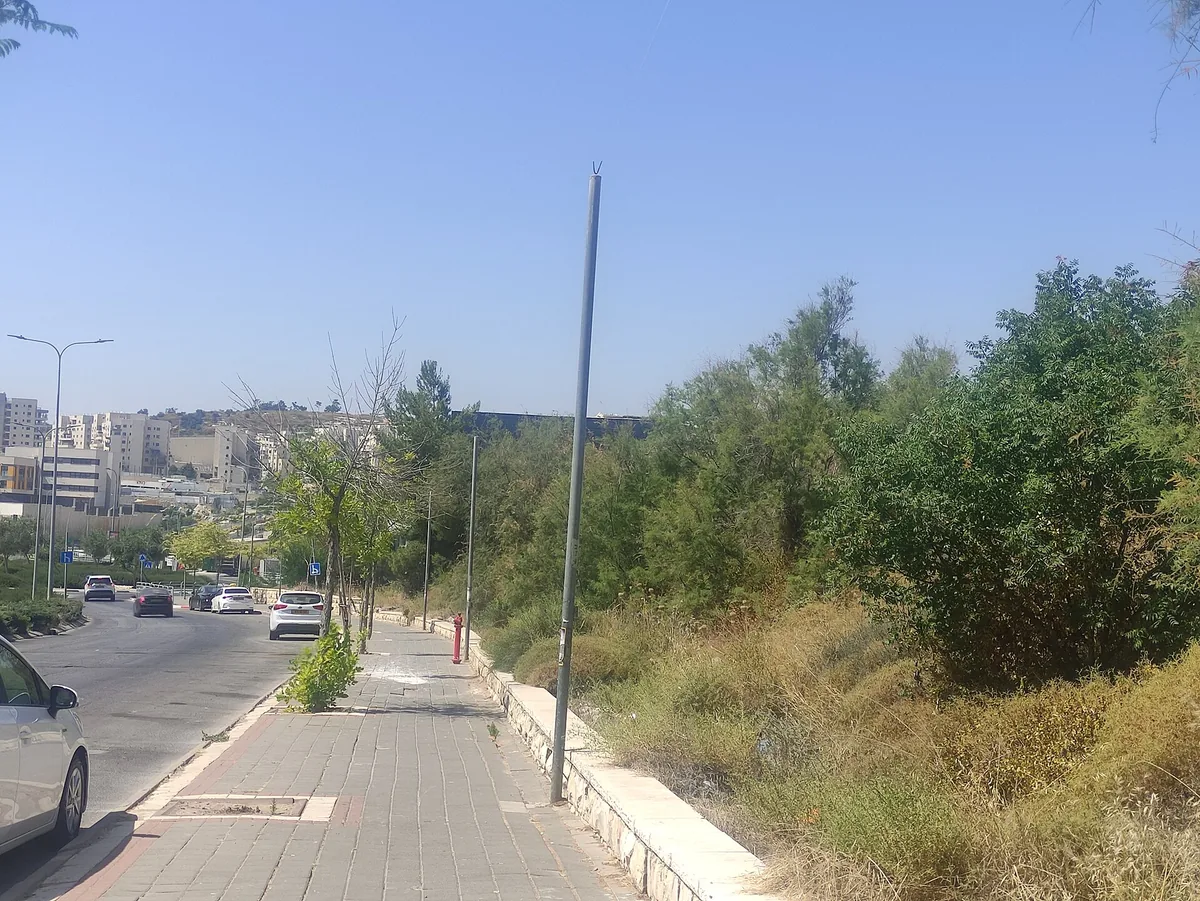Paved pavement beside scrubland on a street in Ramat Beit Shemesh A, with an eruv pole and apartment blocks on the hill behind